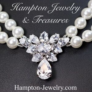 Dazzling Sterling Silver CZs Double Strand Simulated Pearl Necklace
